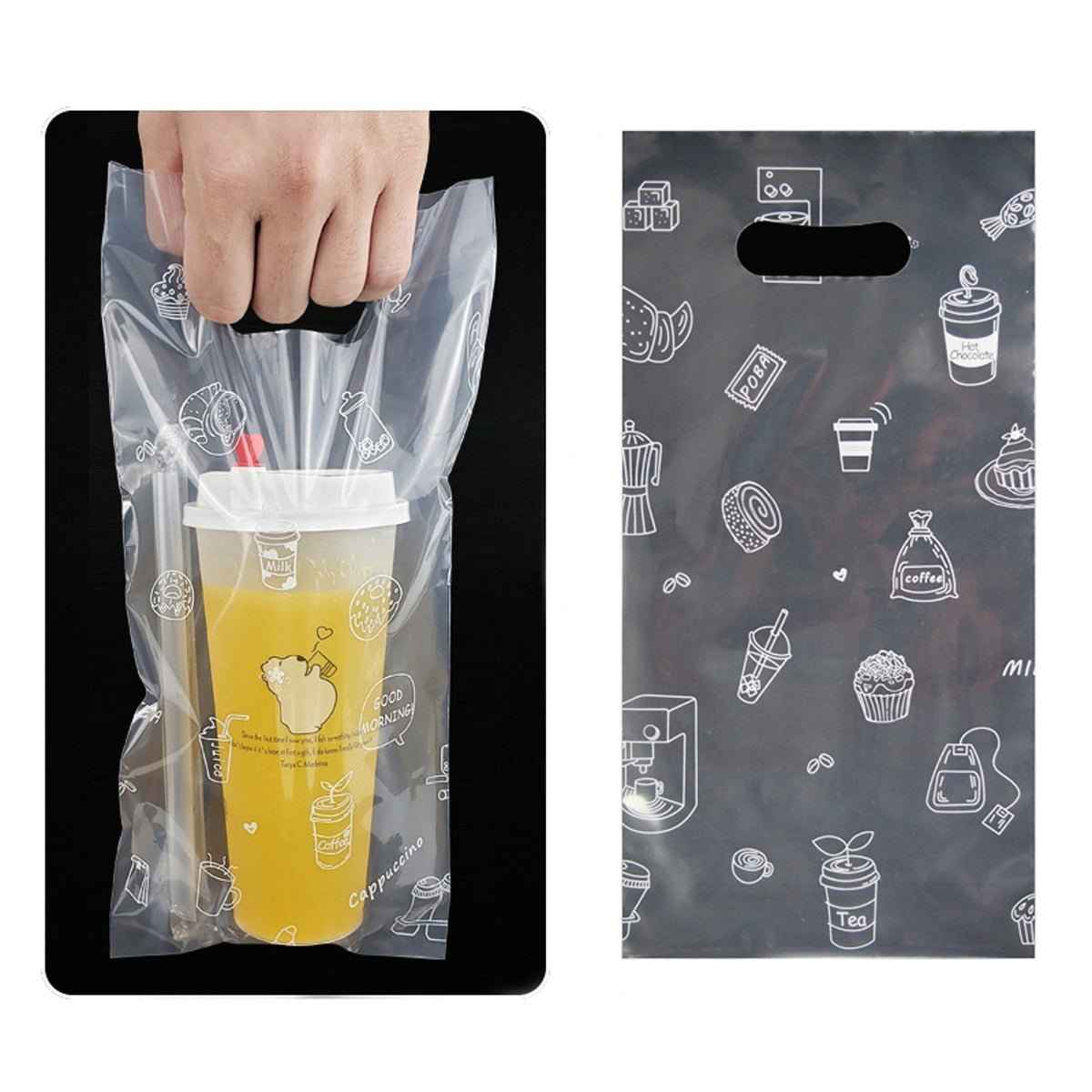 100-Pack Drink Carrier Bags – Clear Plastic 2-Cup Bag with Handle