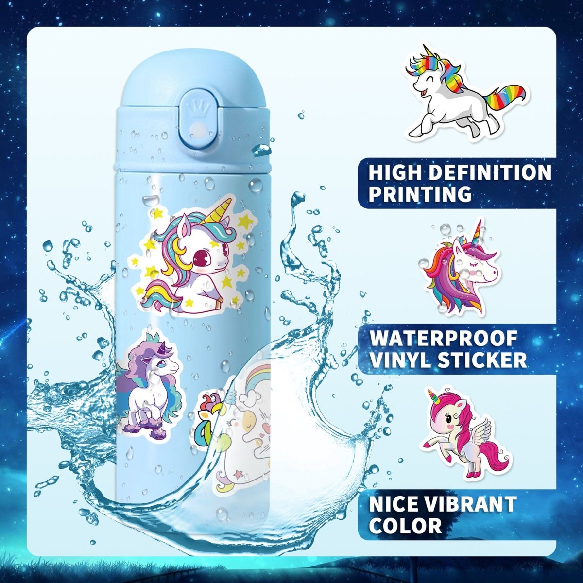 50Pcs Waterproof Vinyl Unicorn Stickers Wall Decals for Kids Teens Room Decor