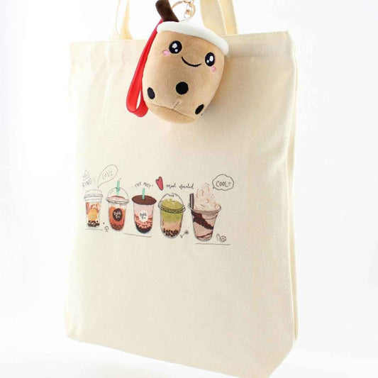 Bubble Tea Tote Bag – Cream Canvas with Enamel Pin & Keychain