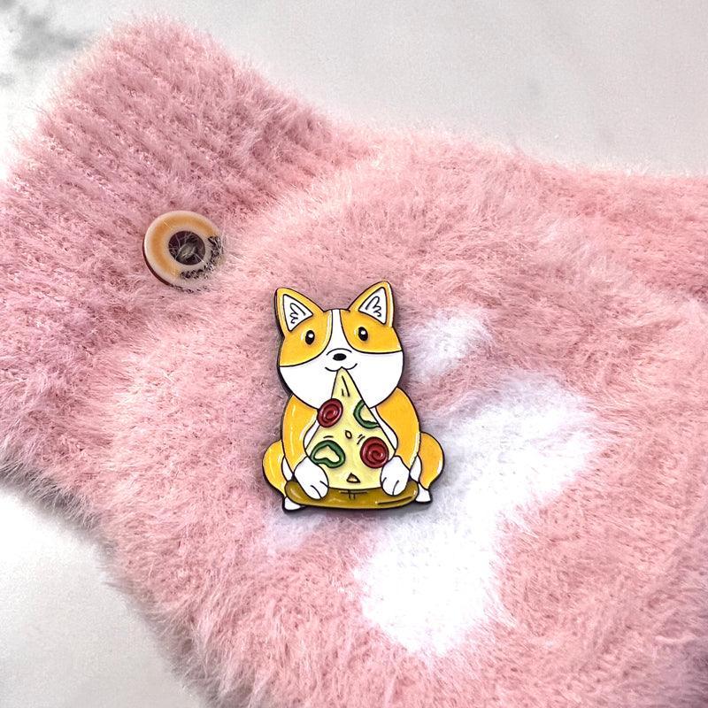 Corgi Dog Enamel Pin Eating Pizza