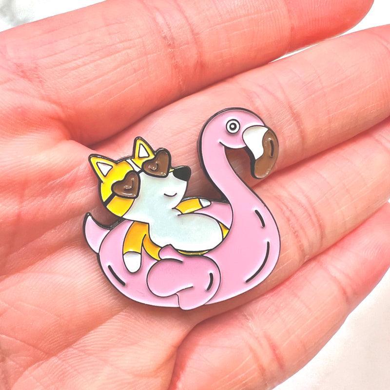 Corgi Dog Enamel Pin with Flamingo Lifebuoy