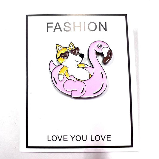 Corgi Dog Enamel Pin with Flamingo Lifebuoy