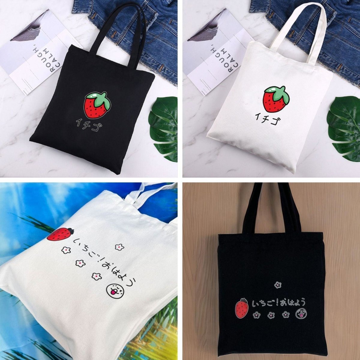 Japanese Cute Canvas Strawberry Tote Bag White