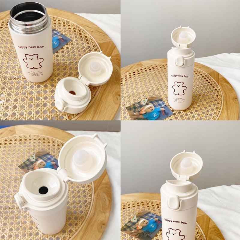 Cute Bear Travel Flask Vacuum Insulated Water Bottle Flip Top Lid
