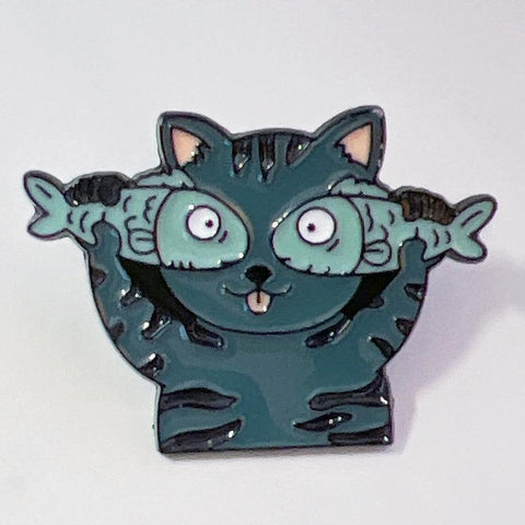 Silly Expression Cat with Fish Enamel Pin