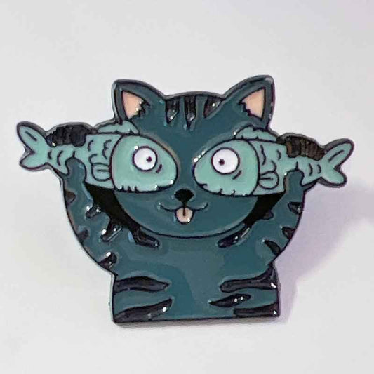 Cat with Fish Enamel Pin – Silly Cat Expression for Fun Outfits