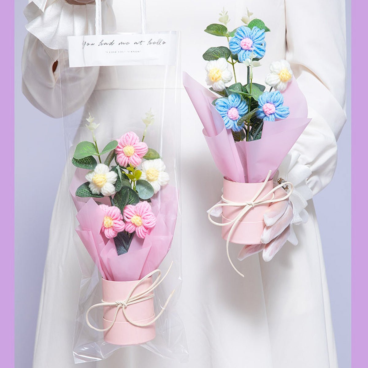 Crochet Flowers Bouquet with Light, Exquisite Knitted Flower Wrap Ready for Gift