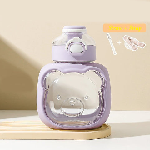 Cute Bear Design Water Bottle with Straw Handle & Adjustable Strap 1000ml
