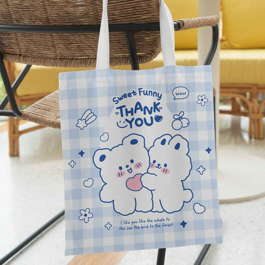 Kawaii Cartoon Tote Bag – Cute Bear & Bunny Canvas Bag for Women