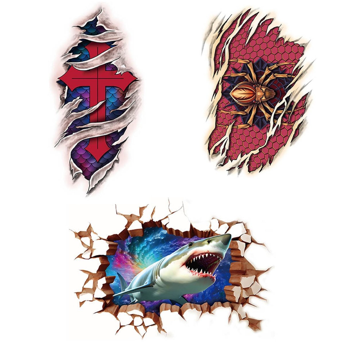 Temporary Tattoo, Red Cross, Spider, 3D Shark Body Tattoos, for Arms, Back, Legs Half Sleeve Waterproof