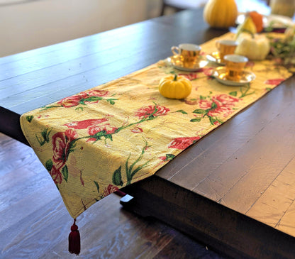 Tache Golden Woven Tapestry Table Runner - Red Roses & Hummingbirds (18115)