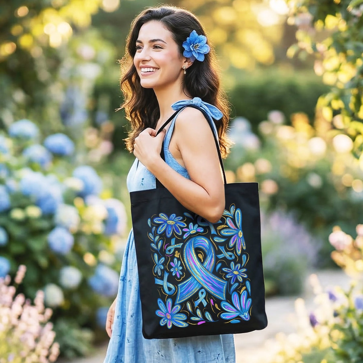Diabetes Blue Ribbon Floral Tote Bag, Awareness Support Gift Shopper - Shaketea