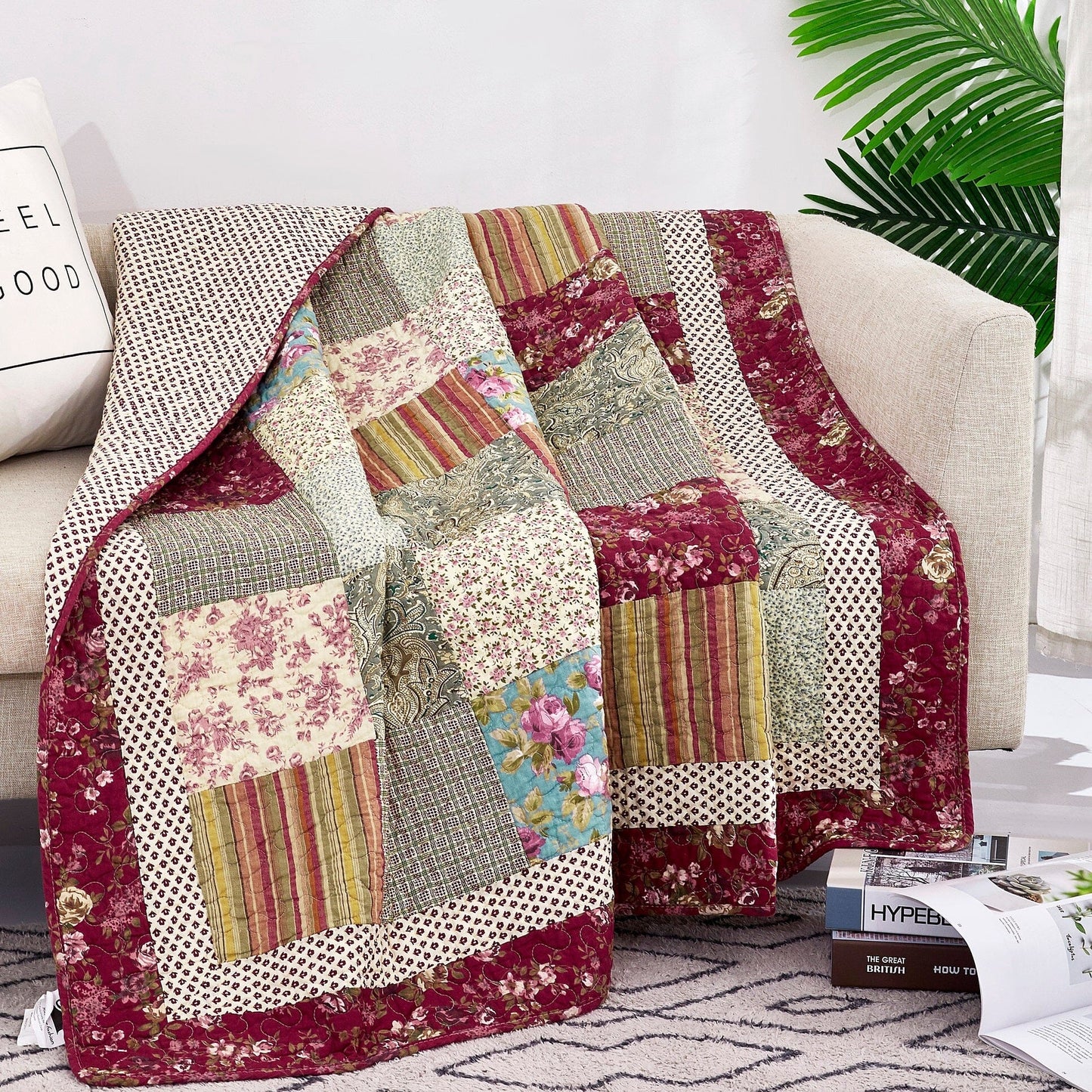 Tache Fairy Tale Tea Party Beige Burgundy Paisley Floral Cotton Patchwork Quilted Throw Blanket (DXJ103443)