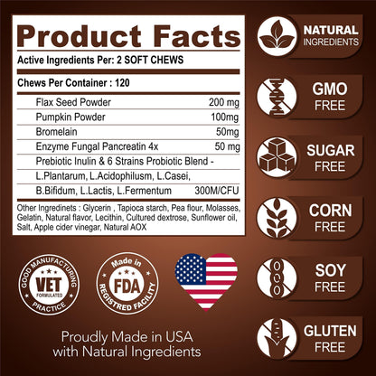 Probiotics for Dogs 120 Chews Stool Softener High Fiber
