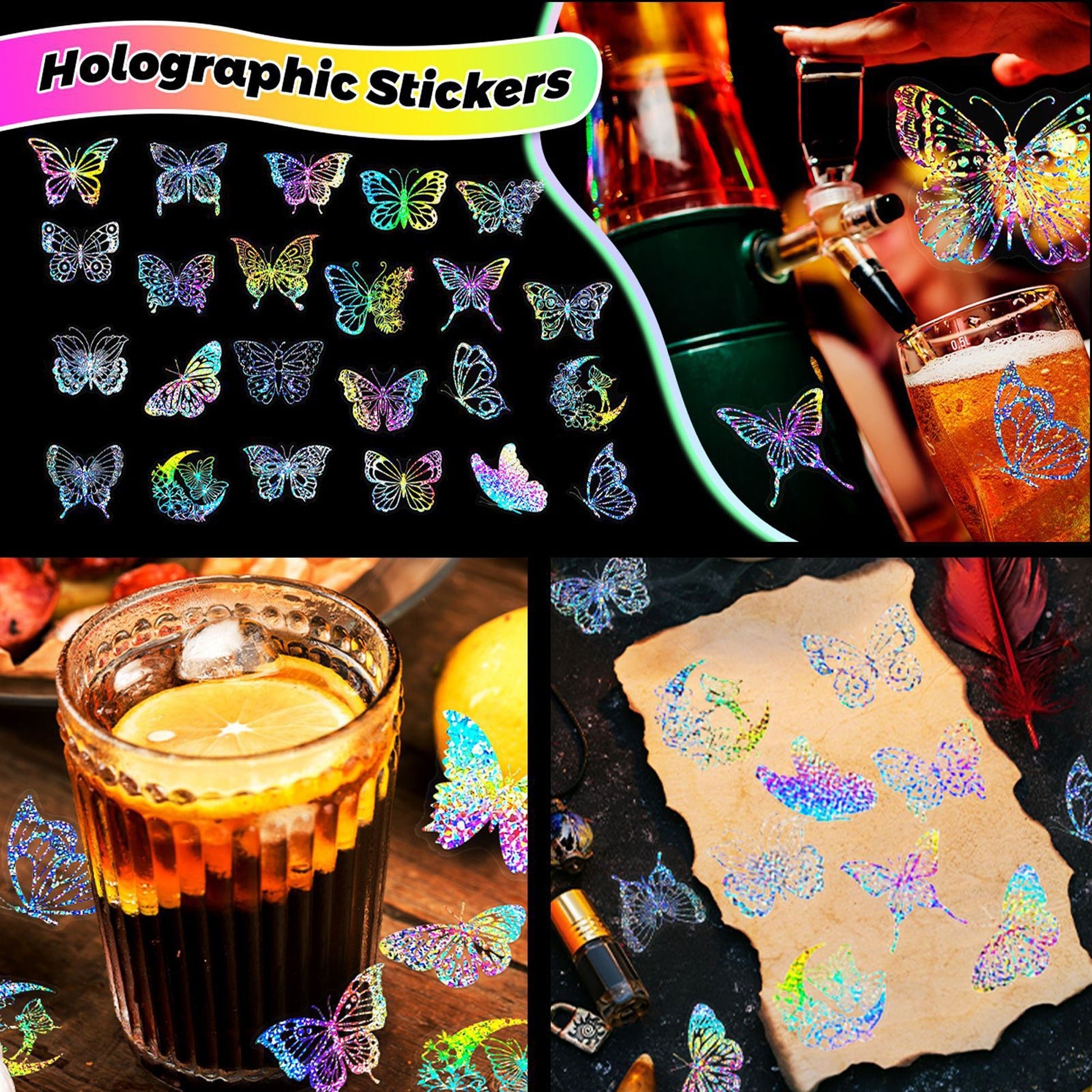 100pcs Butterfly Holographic Stickers Decorative Waterproof Adhesive Decals for Scrapbooking Journal Planner Water Bottles Phones Laptops