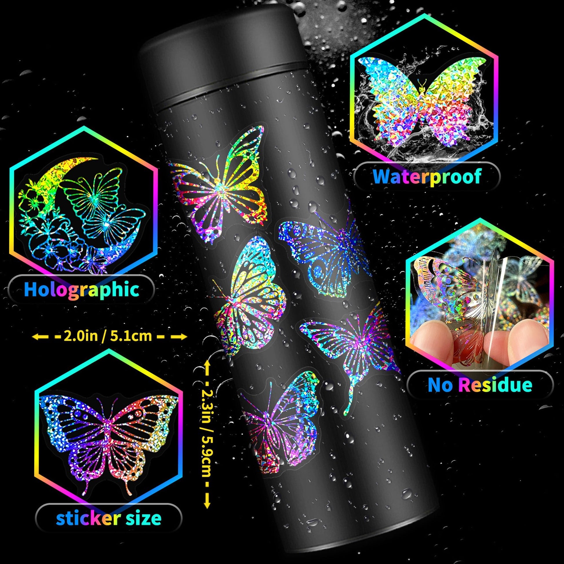 100pcs Butterfly Holographic Stickers Decorative Waterproof Adhesive Decals for Scrapbooking Journal Planner Water Bottles Phones Laptops