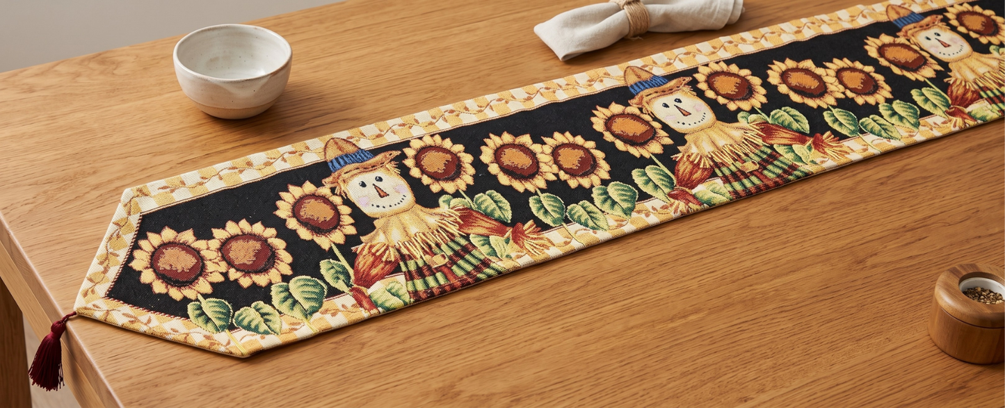 Tache Sunflower Field Scarecrow Autumn Harvest Woven Tapestry Table Runners (11712TR)