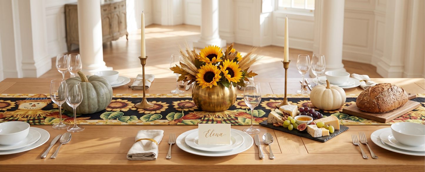 Tache Sunflower Field Scarecrow Autumn Harvest Woven Tapestry Table Runners (11712TR)