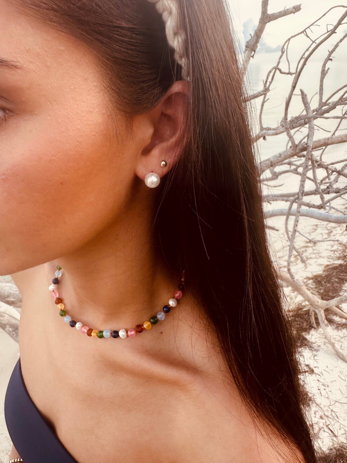 Raw Baltic Amber and Pearl Necklace + Sweet Pink Gemstones