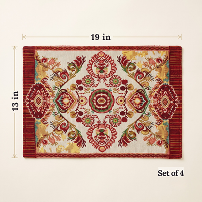 Tache Burgundy Ornate Paisley Woven Tapestry Placemats - Eclectic Modern Dining Set (18194)