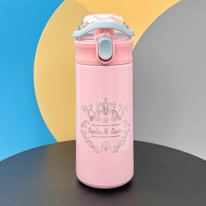 16.9 oz Custom Name Water Bottle for Kids – Crown Frame & Cute Stickers