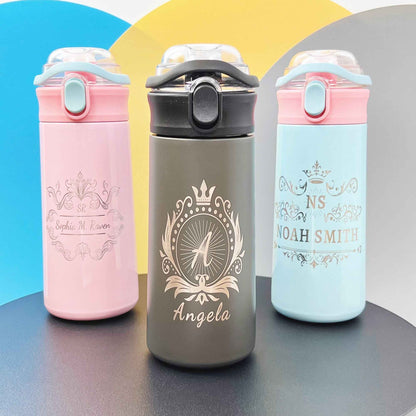 16.9 oz Custom Name Water Bottle for Kids – Crown Frame & Cute Stickers
