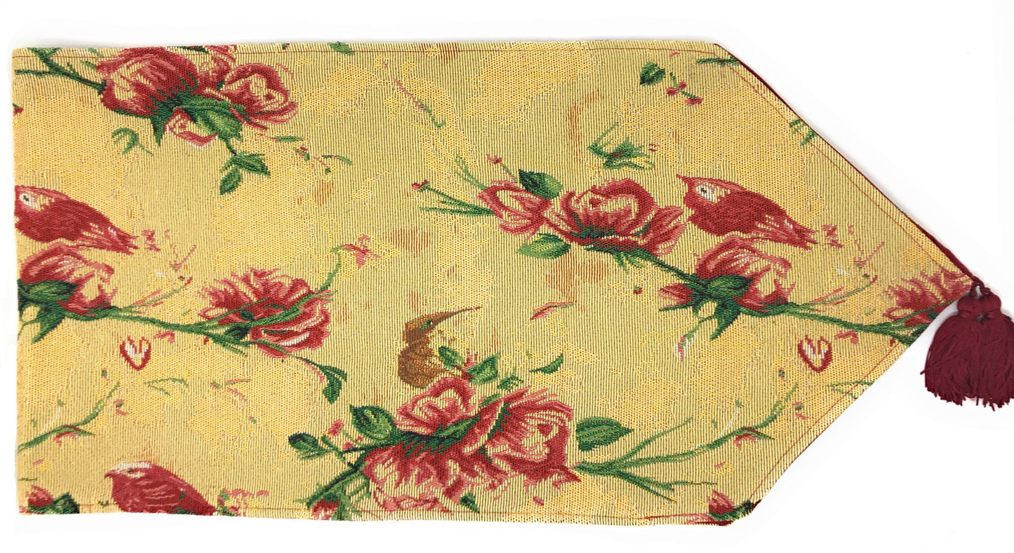 Tache Golden Woven Tapestry Table Runner - Red Roses & Hummingbirds (18115)