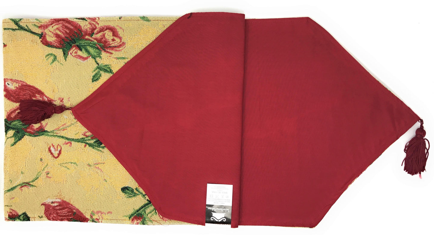 Tache Golden Woven Tapestry Table Runner - Red Roses & Hummingbirds (18115)