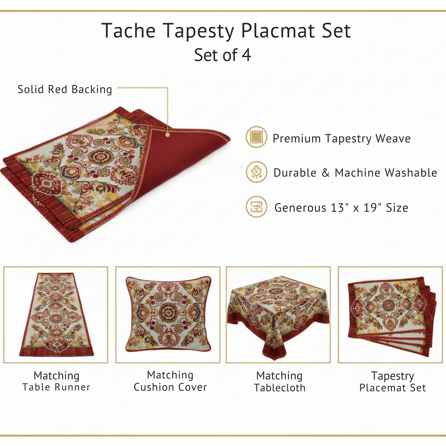 Tache Burgundy Ornate Paisley Woven Tapestry Placemats - Eclectic Modern Dining Set (18194)