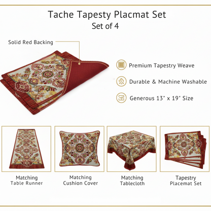 Tache Burgundy Ornate Paisley Woven Tapestry Placemats - Eclectic Modern Dining Set (18194)