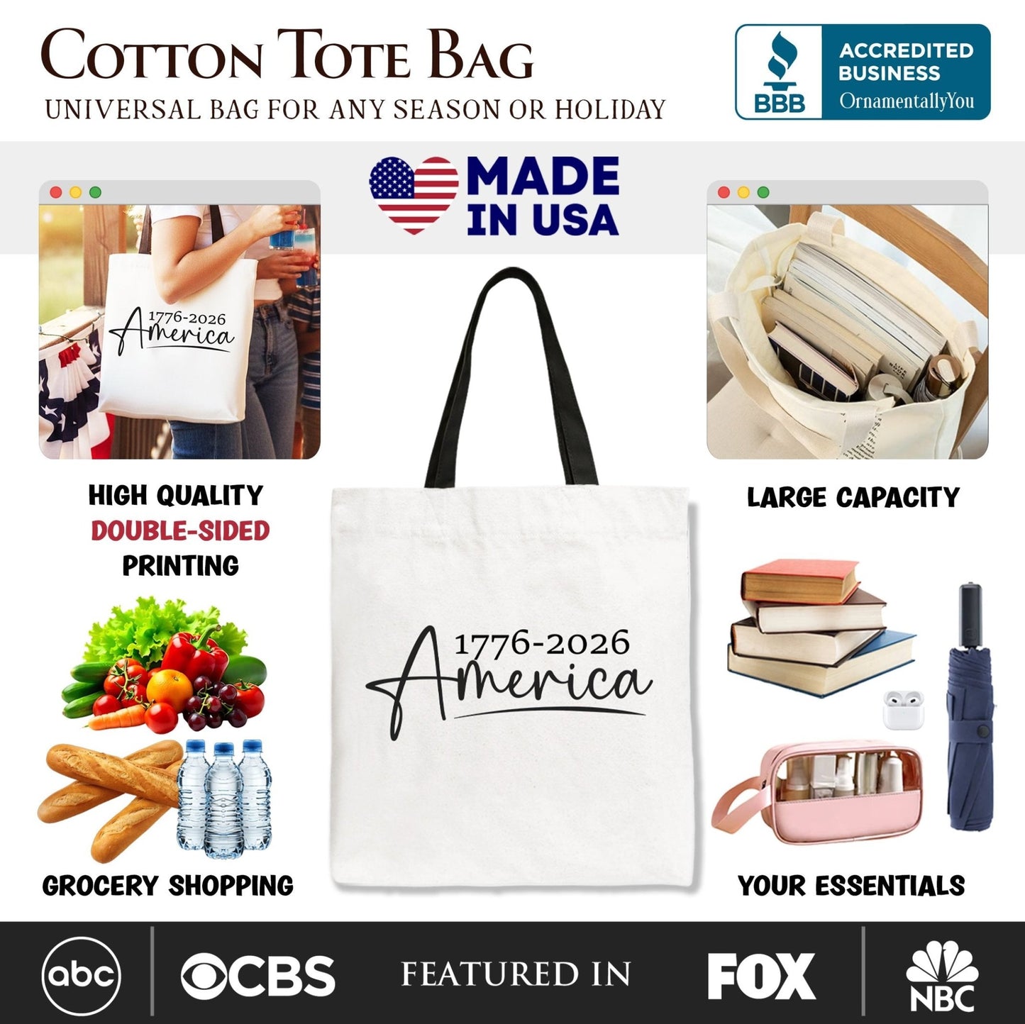 250 Years American Anniversary Tote Bag, 4th of July Minimalistic Patriotic 1776–2026 Gift Shopper