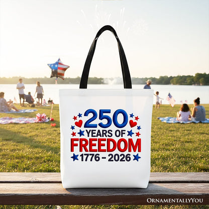 250 Years Freedom Faux Varsity Patch Tote Bag, 4th of July USA Patriotic 1776–2026 Gift Shopper