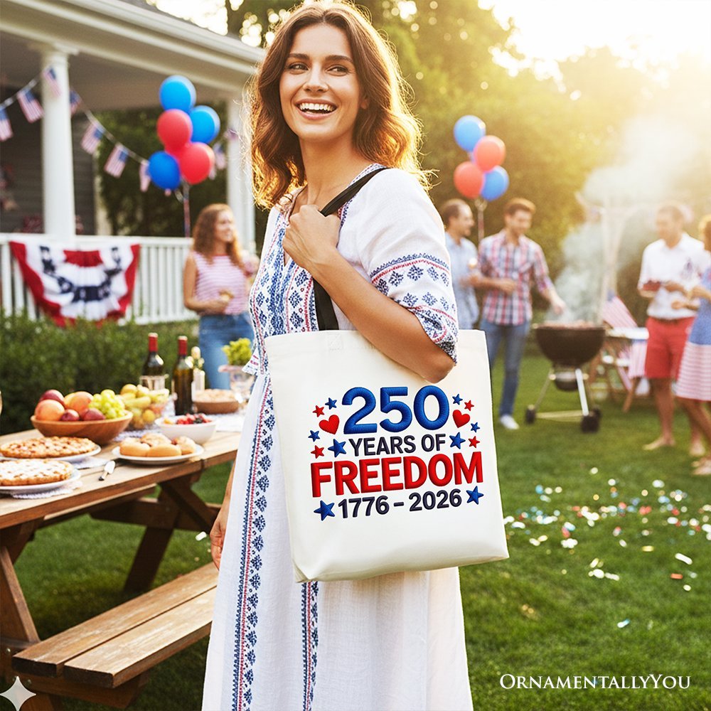 250 Years Freedom Faux Varsity Patch Tote Bag, 4th of July USA Patriotic 1776–2026 Gift Shopper