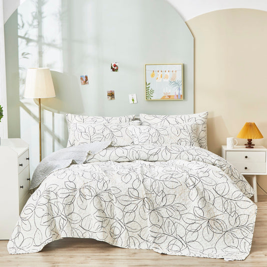 Tache Modern Abstract Leaf Line Art Foliage White Grey Black Gold Reversible Quilt Set (TJ357)