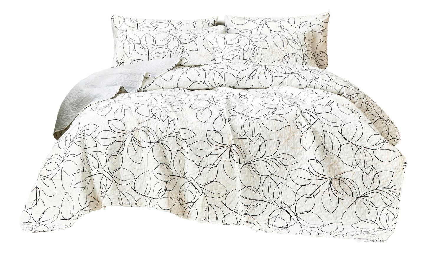 Tache Modern Abstract Leaf Line Art Foliage White Grey Black Gold Reversible Quilt Set (TJ357)