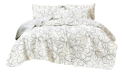 Tache Modern Abstract Leaf Line Art Foliage White Grey Black Gold Reversible Quilt Set (TJ357)