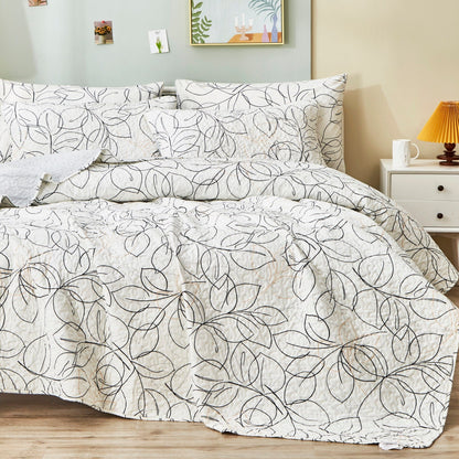 Tache Modern Abstract Leaf Line Art Foliage White Grey Black Gold Reversible Quilt Set (TJ357)