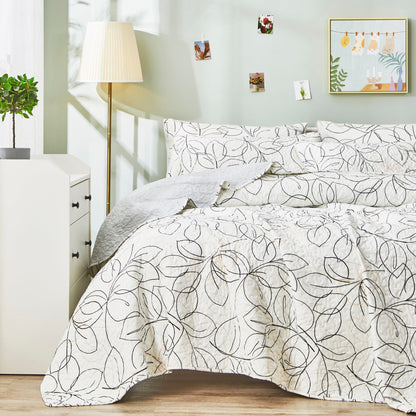 Tache Modern Abstract Leaf Line Art Foliage White Grey Black Gold Reversible Quilt Set (TJ357)