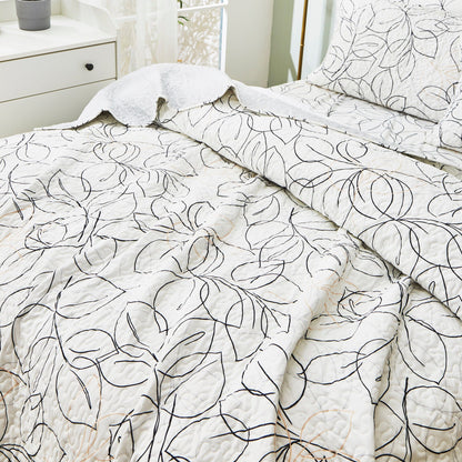 Tache Modern Abstract Leaf Line Art Foliage White Grey Black Gold Reversible Quilt Set (TJ357)
