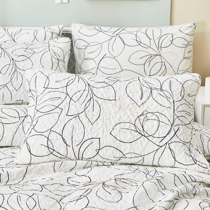 Tache Modern Abstract Leaf Line Art Foliage White Grey Black Gold Reversible Quilt Set (TJ357)