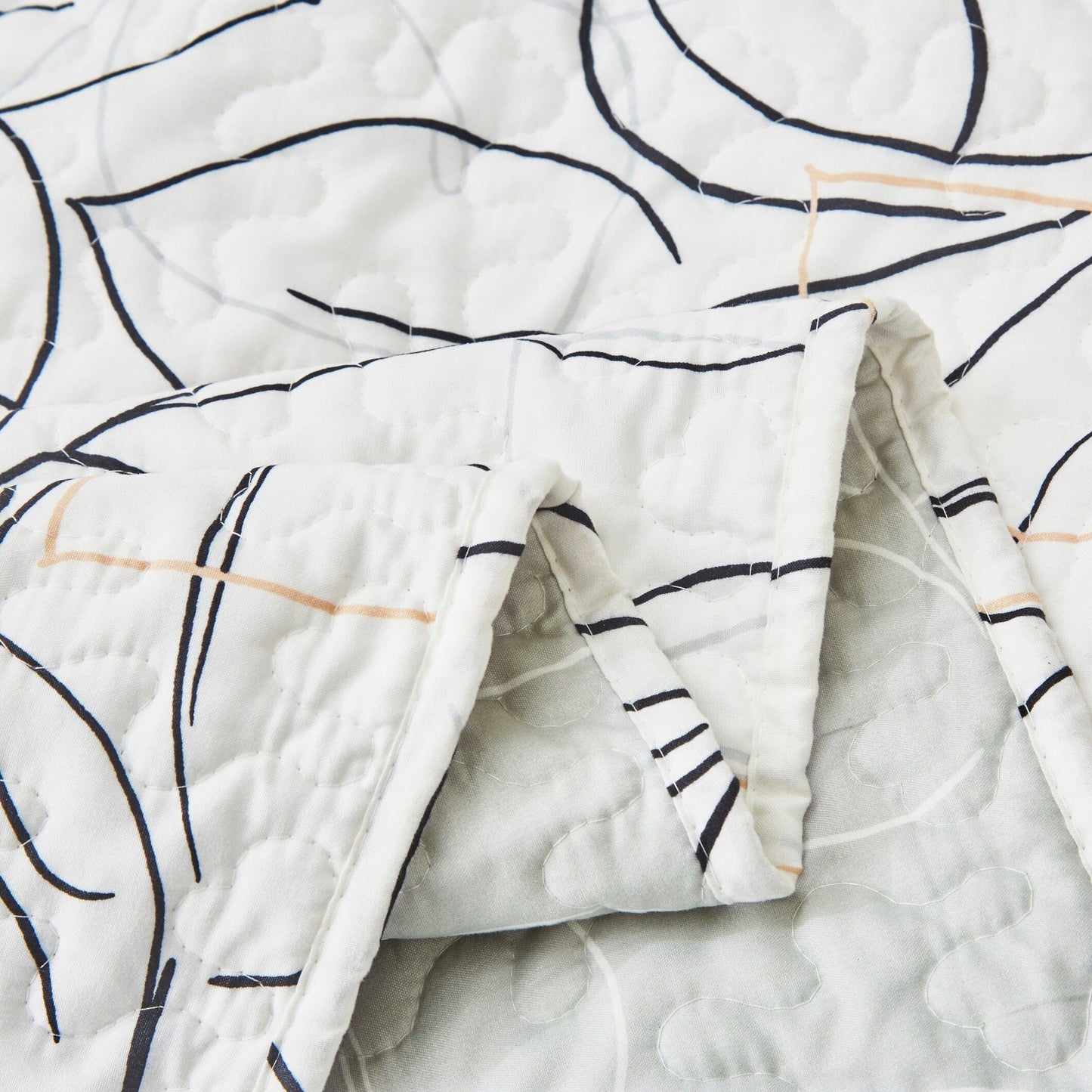 Tache Modern Abstract Leaf Line Art Foliage White Grey Black Gold Reversible Quilt Set (TJ357)