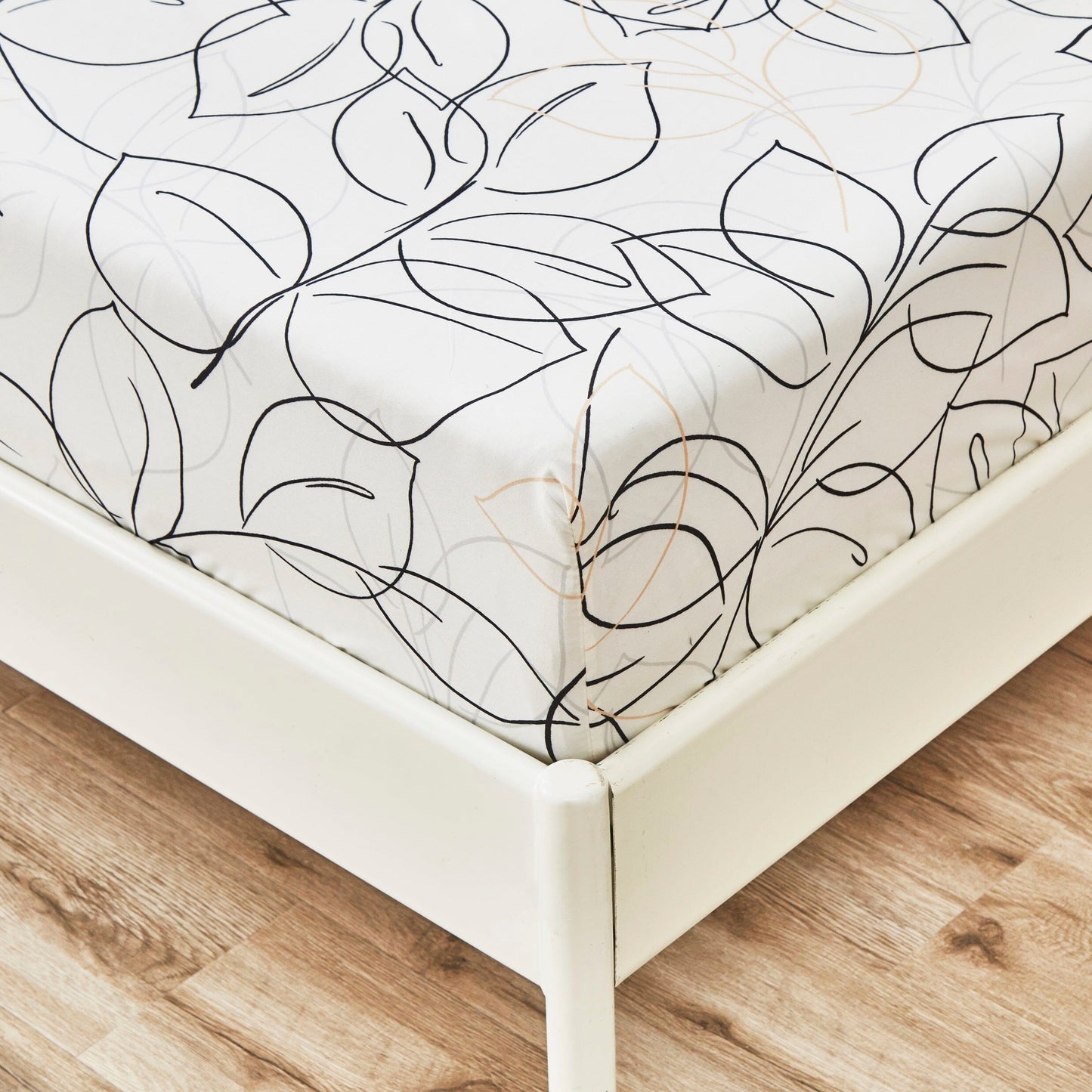 Tache Modern Abstract Leaf Line Art Foliage White Grey Black Gold Fitted Sheet / Flat Sheet (TJ3571)