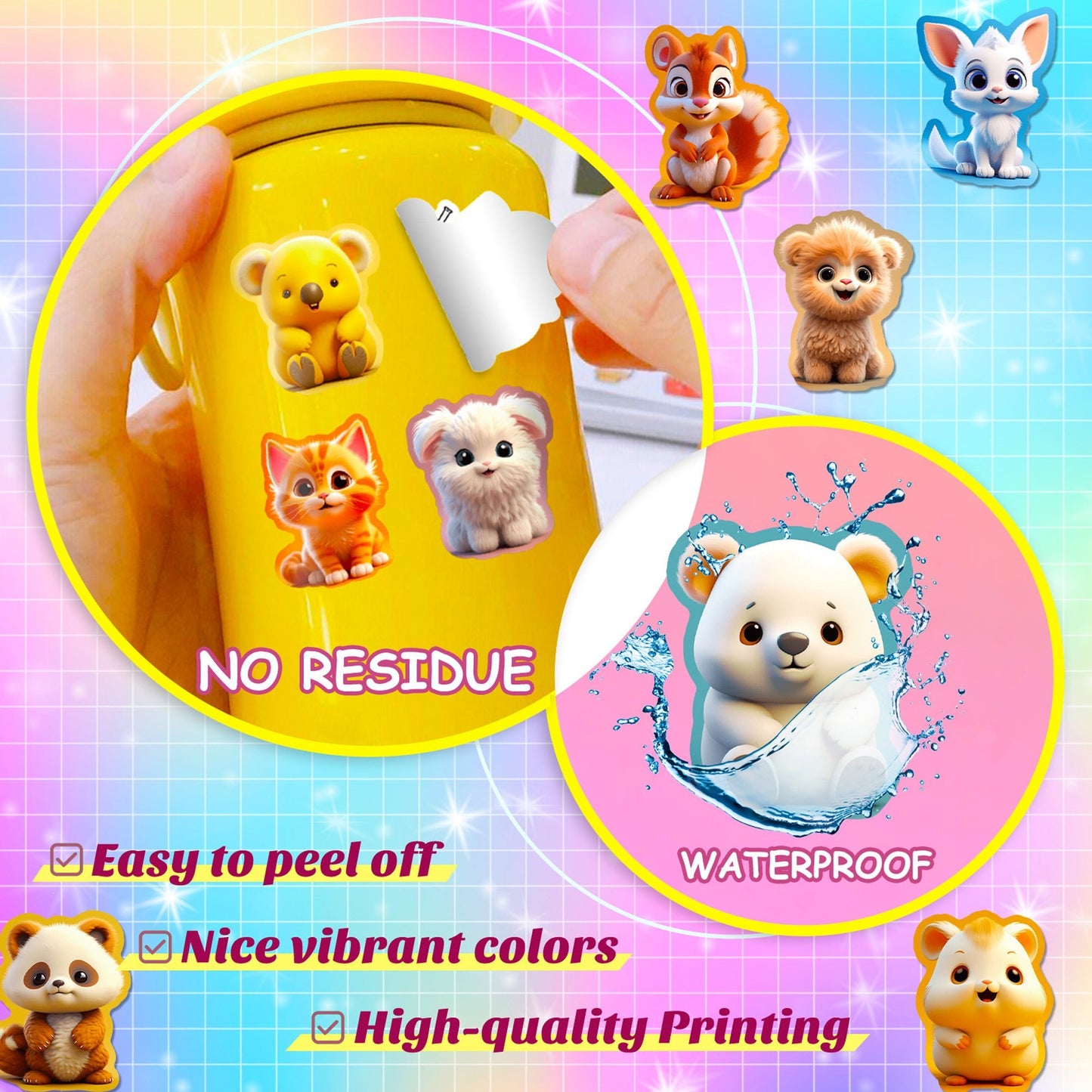 50pcs Cartoon Animal Stickers ins High Definition UV-Proof Waterproof Vinyl Sticker for DIY Scrapbook Laptop Phone Decor