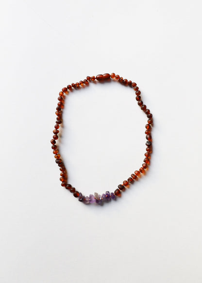 Raw Cognac Baltic Amber + Raw Amethyst || Necklace