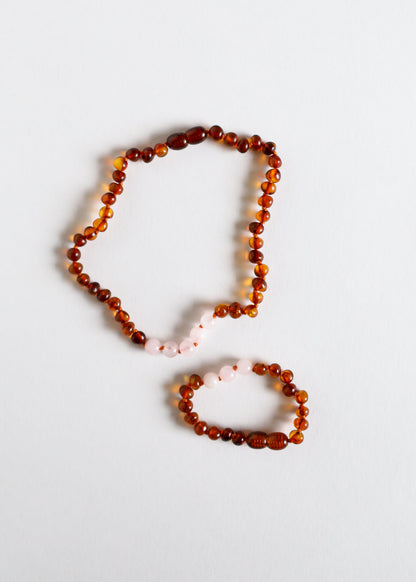 Polished Cognac Baltic Amber + Rose Quartz || Anklet or Bracelet
