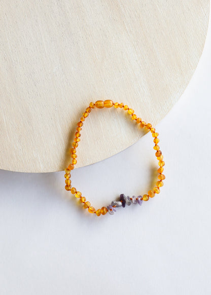 Raw Honey Baltic Amber + Raw Amethyst || Necklace