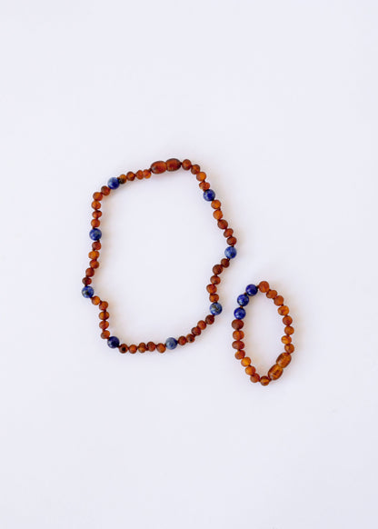 Raw Cognac Baltic Amber + Lapis Lazuli || Halo Necklace ||