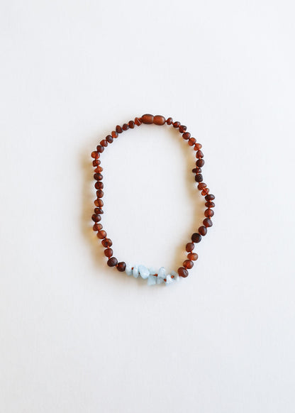 Raw Cognac Baltic Amber + Aquamarine || Necklace