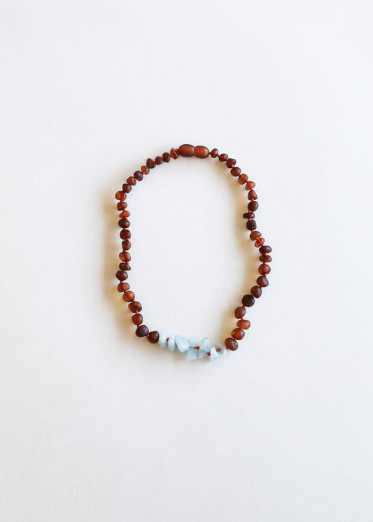 Raw Cognac Baltic Amber + Aquamarine || Necklace