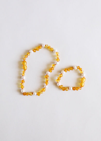 Raw Honey Baltic Amber + Pearl Halo || Anklet or Bracelet